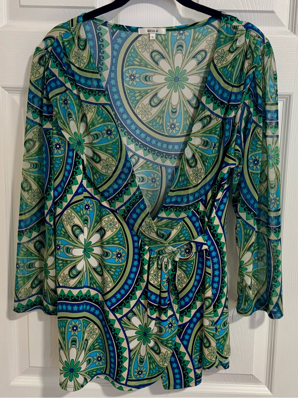 NICOLA Blue & Green Retro Print Wrap Style Blouse Large